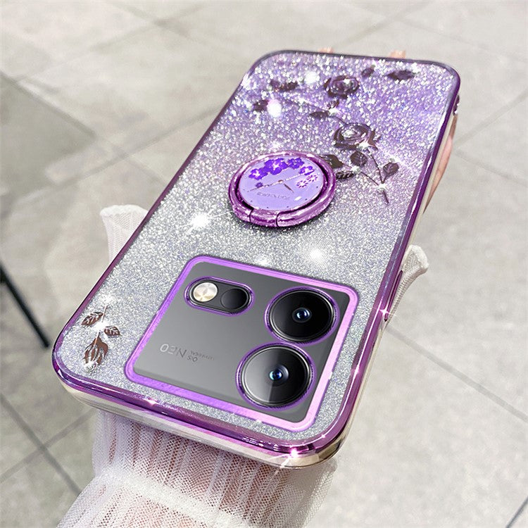 KADEM For vivo iQOO Neo8 5G / Neo8 Pro 5G Ring Kickstand Gradient TPU Cover Flower Pattern Glitter Phone Case - Purple