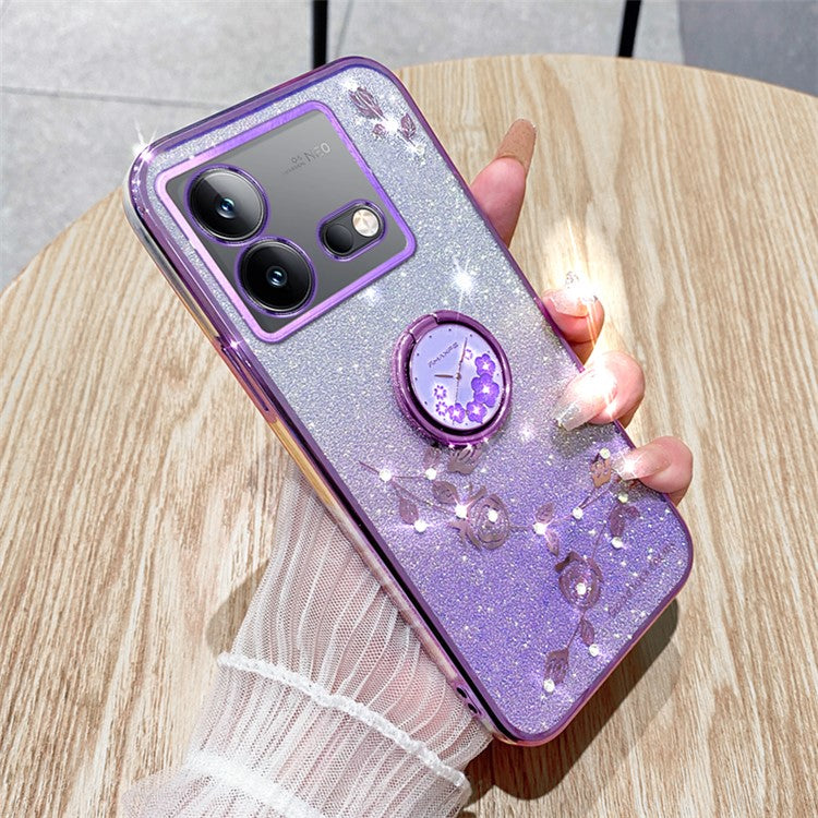 KADEM For vivo iQOO Neo8 5G / Neo8 Pro 5G Ring Kickstand Gradient TPU Cover Flower Pattern Glitter Phone Case - Purple