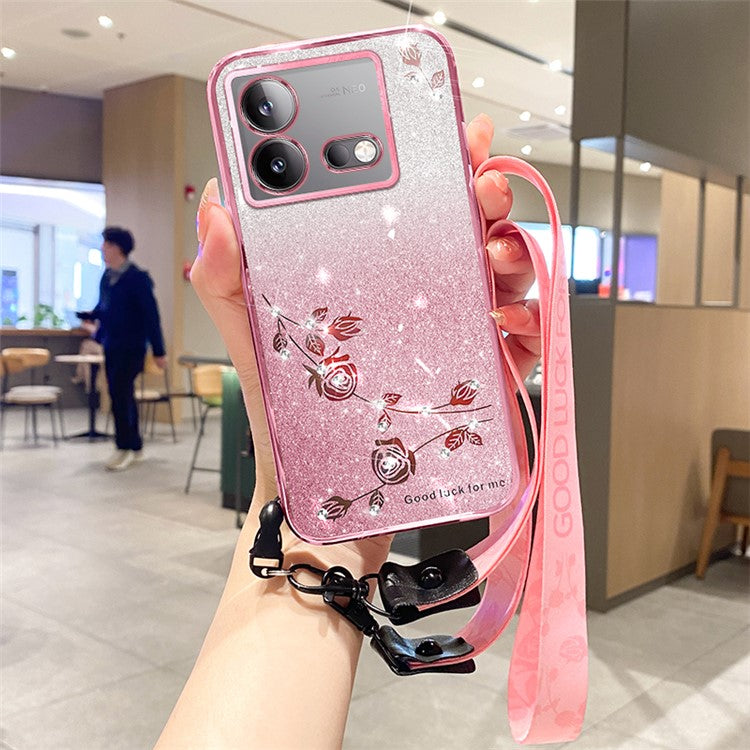 KADEM For vivo iQOO Neo8 5G / Neo8 Pro 5G Glitter Rhinestone Flower Phone Case Gradient TPU Cover with Strap - Rose Gold