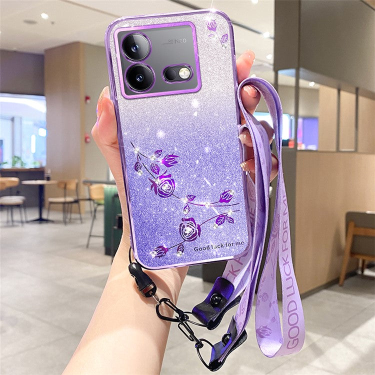 KADEM For vivo iQOO Neo8 5G / Neo8 Pro 5G Glitter Rhinestone Flower Phone Case Gradient TPU Cover with Strap - Purple