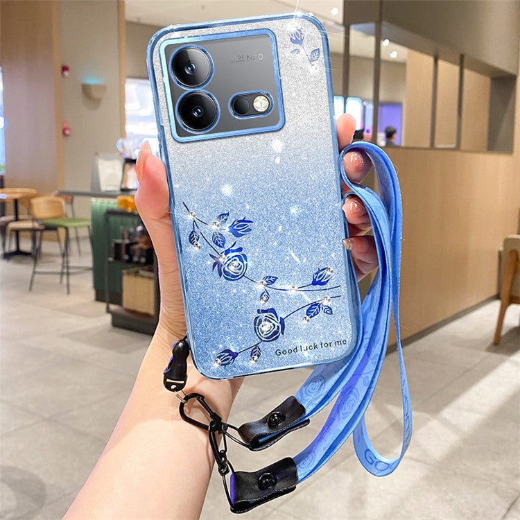 KADEM For vivo iQOO Neo8 5G / Neo8 Pro 5G Glitter Rhinestone Flower Phone Case Gradient TPU Cover with Strap - Blue