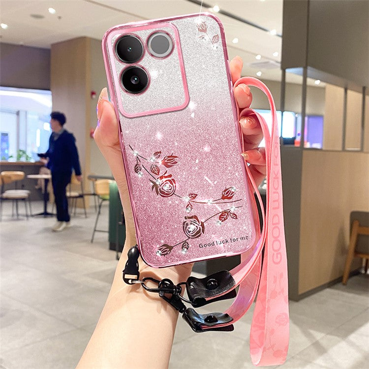 KADEM For vivo S17e 5G Glitter Flower Pattern Phone Case Gradient TPU Back Cover with Strap - Rose Gold