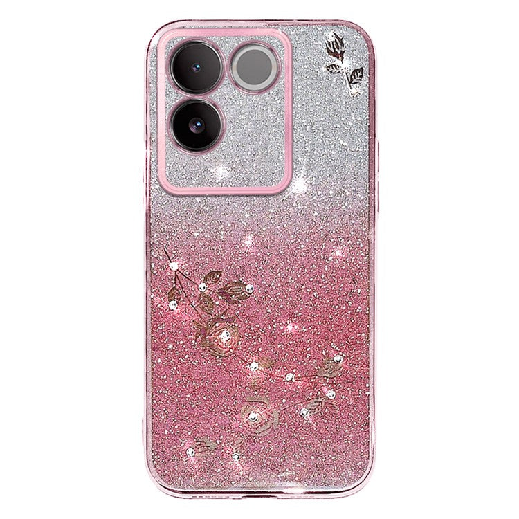 KADEM For vivo S17e 5G Glitter Flower Pattern Phone Case Gradient TPU Back Cover with Strap - Rose Gold