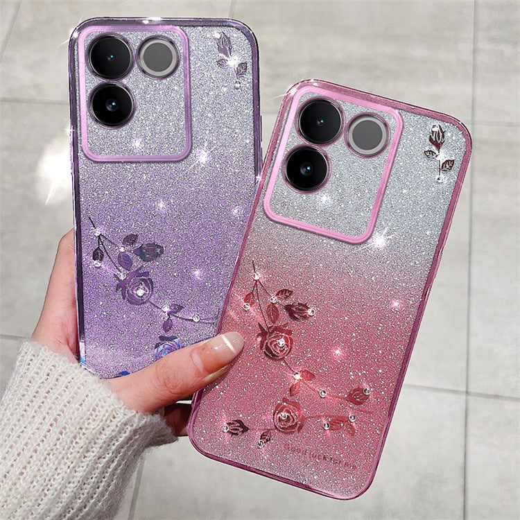 KADEM For vivo S17e 5G Glitter Flower Pattern Phone Case Gradient TPU Back Cover with Strap - Rose Gold