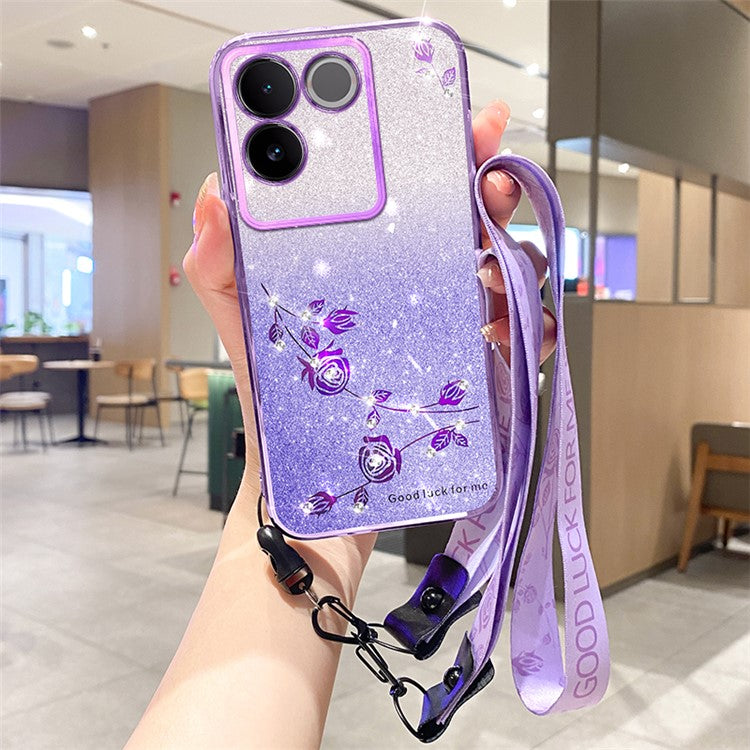 KADEM For vivo S17e 5G Glitter Flower Pattern Phone Case Gradient TPU Back Cover with Strap - Purple