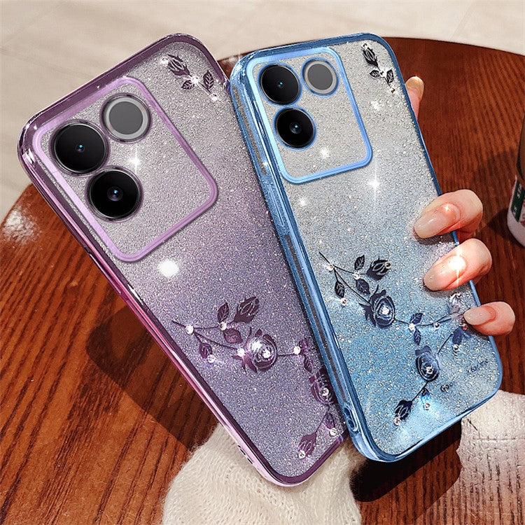 KADEM For vivo S17e 5G Glitter Flower Pattern Phone Case Gradient TPU Back Cover with Strap - Purple