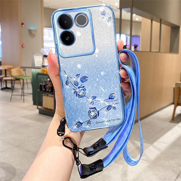 KADEM For vivo S17e 5G Glitter Flower Pattern Phone Case Gradient TPU Back Cover with Strap - Blue