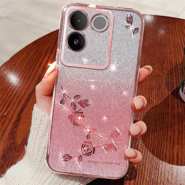 KADEM Rhinestone Flower Phone Cover for vivo S17e 5G , Gradient Glitter Drop-proof TPU Case - Rose Gold