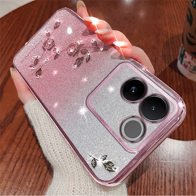 KADEM Rhinestone Flower Phone Cover for vivo S17e 5G , Gradient Glitter Drop-proof TPU Case - Rose Gold