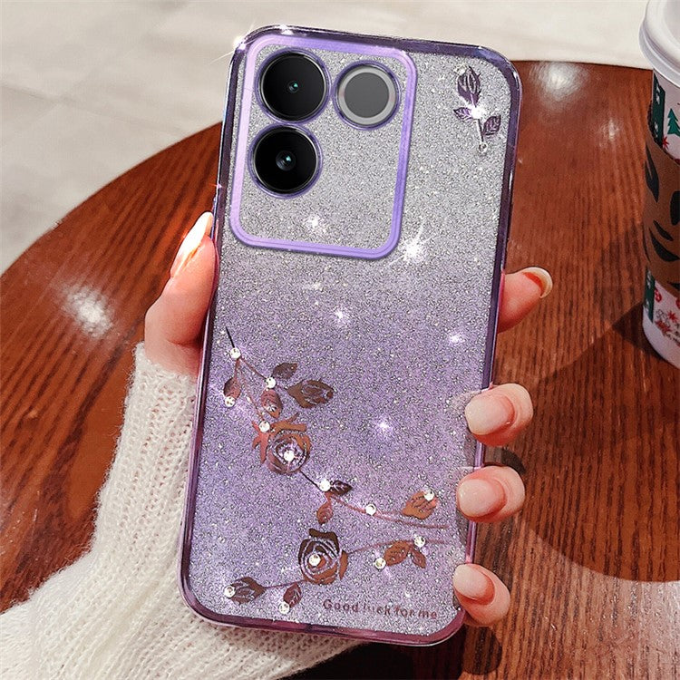 KADEM Rhinestone Flower Phone Cover for vivo S17e 5G , Gradient Glitter Drop-proof TPU Case - Purple