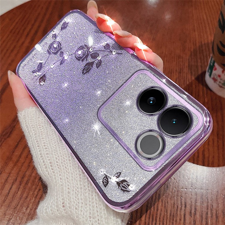 KADEM Rhinestone Flower Phone Cover for vivo S17e 5G , Gradient Glitter Drop-proof TPU Case - Purple