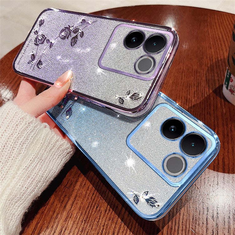 KADEM Rhinestone Flower Phone Cover for vivo S17e 5G , Gradient Glitter Drop-proof TPU Case - Purple