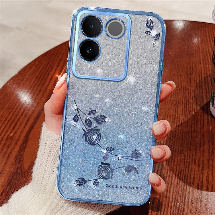 KADEM Rhinestone Flower Phone Cover for vivo S17e 5G , Gradient Glitter Drop-proof TPU Case - Blue