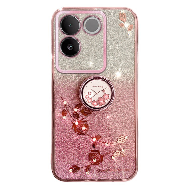 KADEM Rhinestone Flower Phone Case for vivo S17e 5G Glitter Gradient Ring Kickstand TPU Cover - Rose Gold