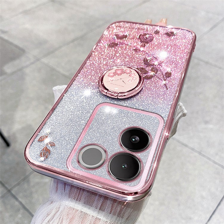 KADEM Rhinestone Flower Phone Case for vivo S17e 5G Glitter Gradient Ring Kickstand TPU Cover - Rose Gold