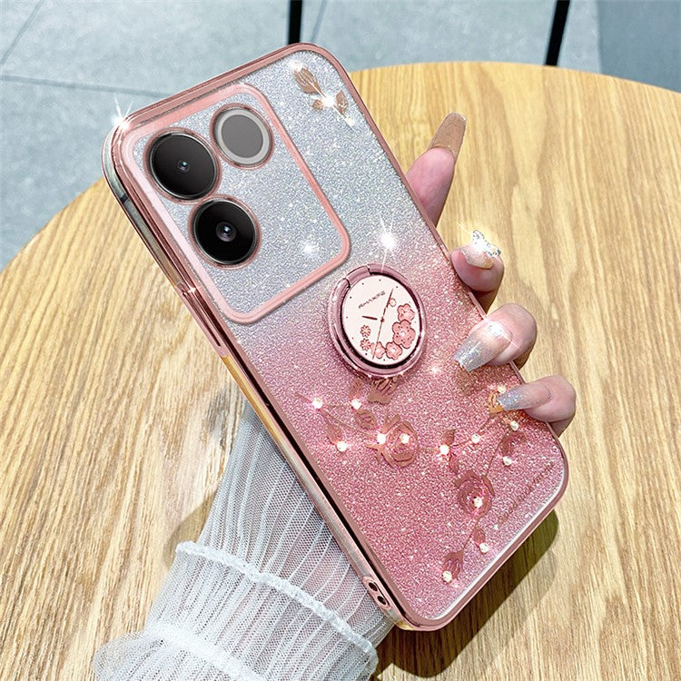 KADEM Rhinestone Flower Phone Case for vivo S17e 5G Glitter Gradient Ring Kickstand TPU Cover - Rose Gold