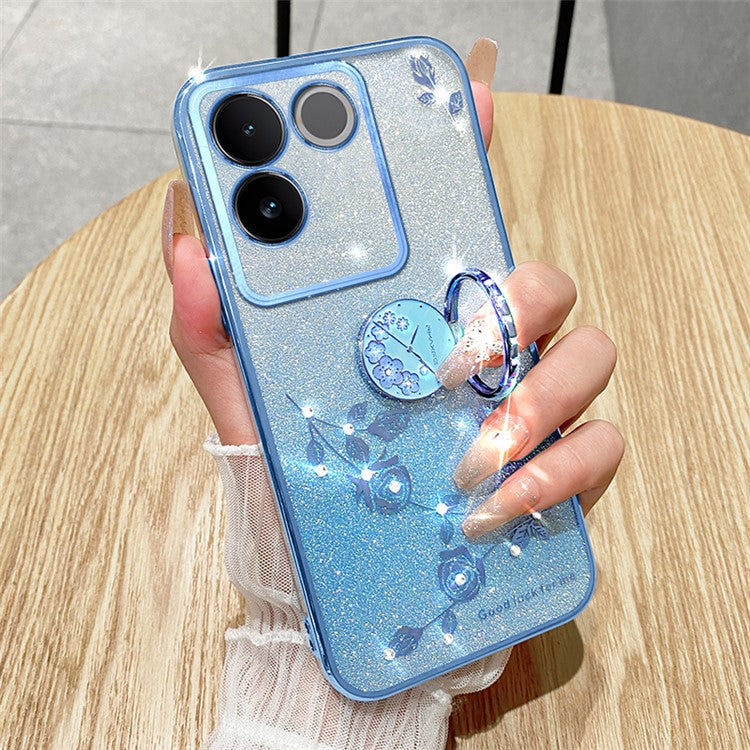 KADEM Rhinestone Flower Phone Case for vivo S17e 5G Glitter Gradient Ring Kickstand TPU Cover - Rose Gold