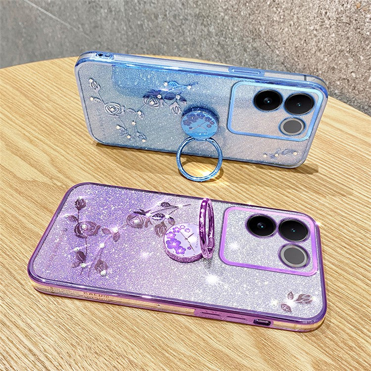 KADEM Rhinestone Flower Phone Case for vivo S17e 5G Glitter Gradient Ring Kickstand TPU Cover - Rose Gold