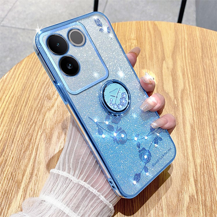 KADEM Rhinestone Flower Phone Case for vivo S17e 5G Glitter Gradient Ring Kickstand TPU Cover - Blue