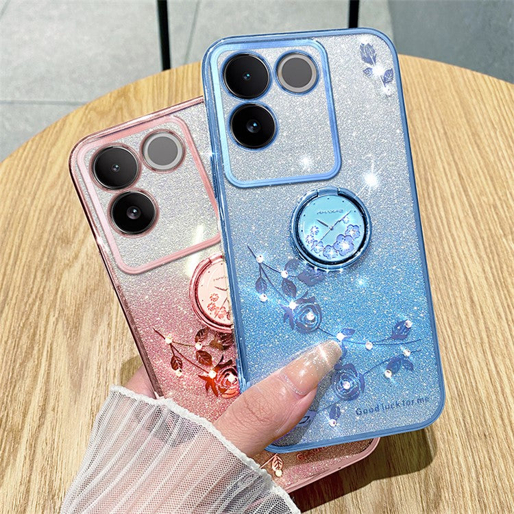 KADEM Rhinestone Flower Phone Case for vivo S17e 5G Glitter Gradient Ring Kickstand TPU Cover - Blue