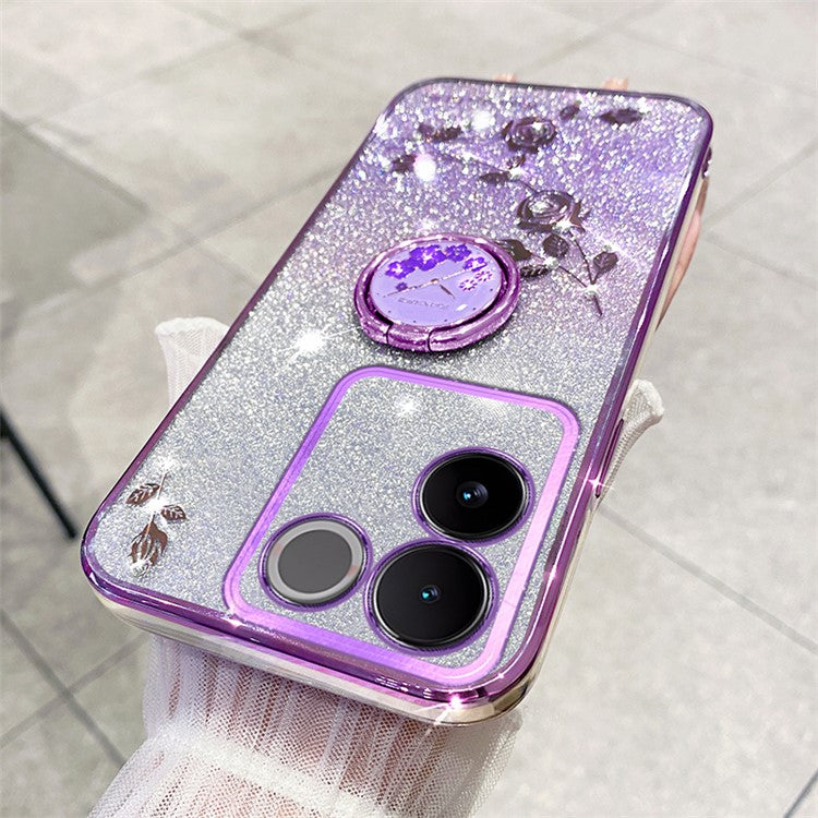 KADEM Rhinestone Flower Phone Case for vivo S17e 5G Glitter Gradient Ring Kickstand TPU Cover - Purple