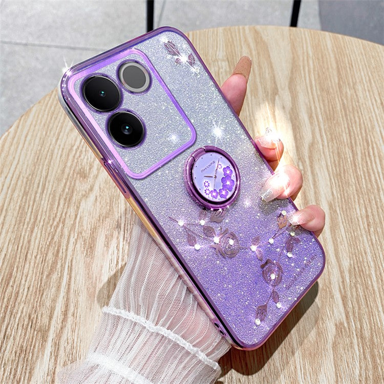 KADEM Rhinestone Flower Phone Case for vivo S17e 5G Glitter Gradient Ring Kickstand TPU Cover - Purple