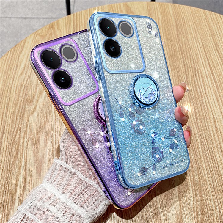 KADEM Rhinestone Flower Phone Case for vivo S17e 5G Glitter Gradient Ring Kickstand TPU Cover - Purple