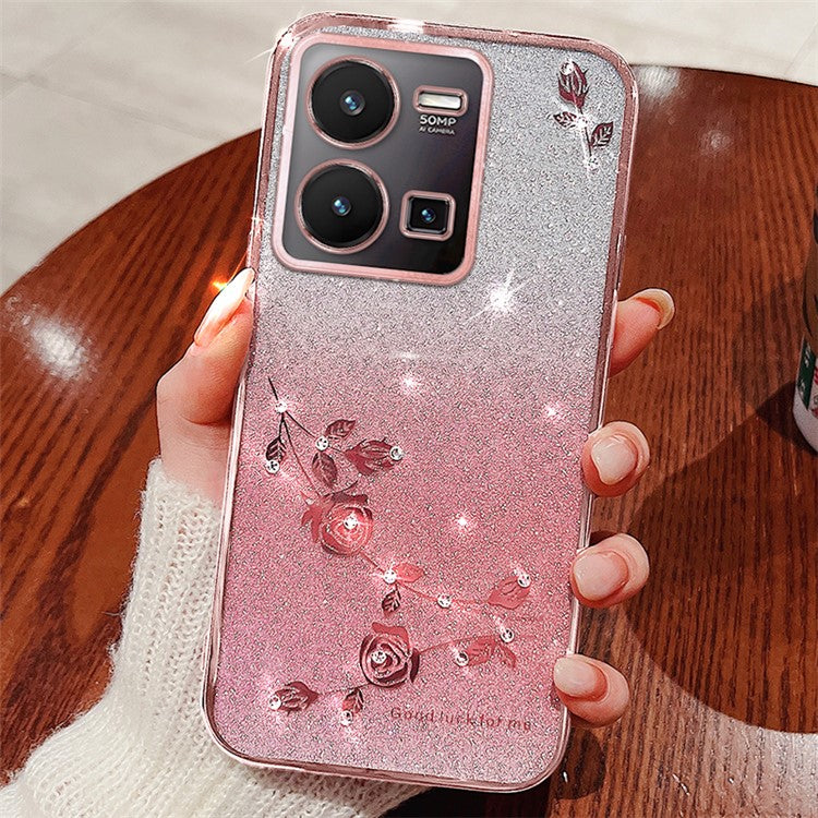 KADEM For vivo Y35 4G (2022) Rhinestone Flower Gradient TPU Cover Glitter Anti-scratch Phone Case - Rose Gold