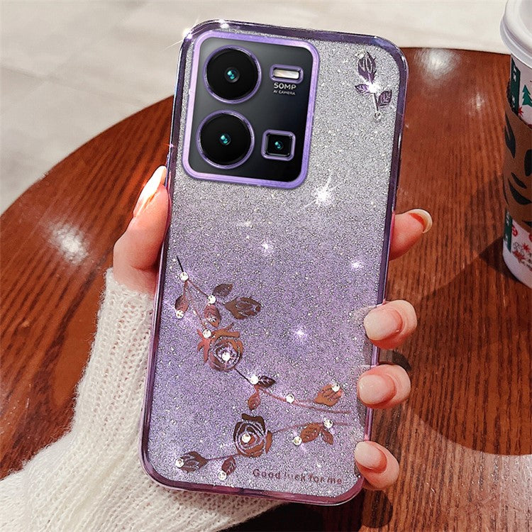 KADEM For vivo Y35 4G (2022) Rhinestone Flower Gradient TPU Cover Glitter Anti-scratch Phone Case - Purple