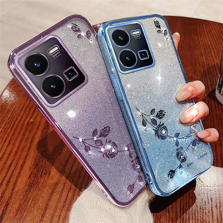 KADEM For vivo Y35 4G (2022) Rhinestone Flower Gradient TPU Cover Glitter Anti-scratch Phone Case - Purple