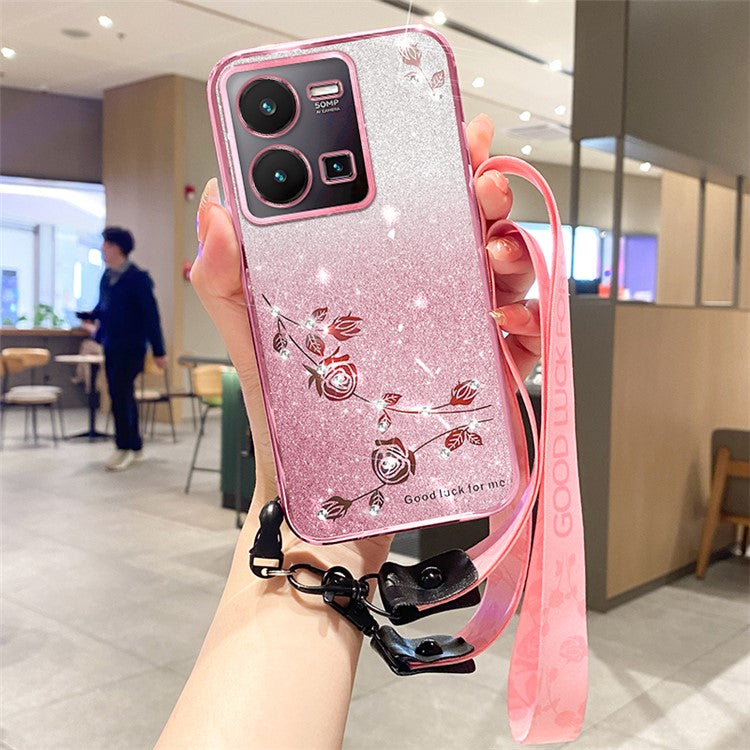 KADEM Gradient Anti-drop Cover for vivo Y35 4G (2022) Rhinestone Flower TPU Phone Case with Strap - Rose Gold