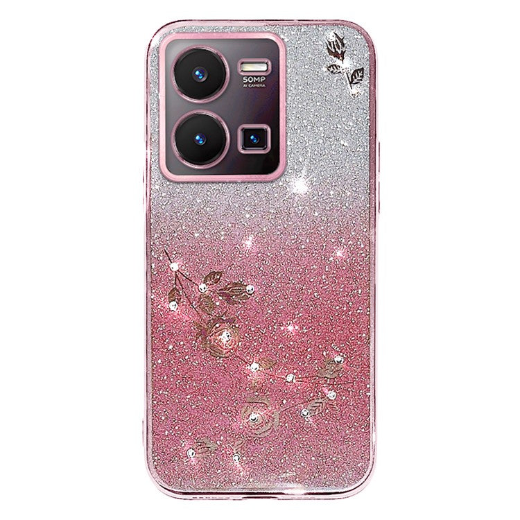 KADEM Gradient Anti-drop Cover for vivo Y35 4G (2022) Rhinestone Flower TPU Phone Case with Strap - Rose Gold