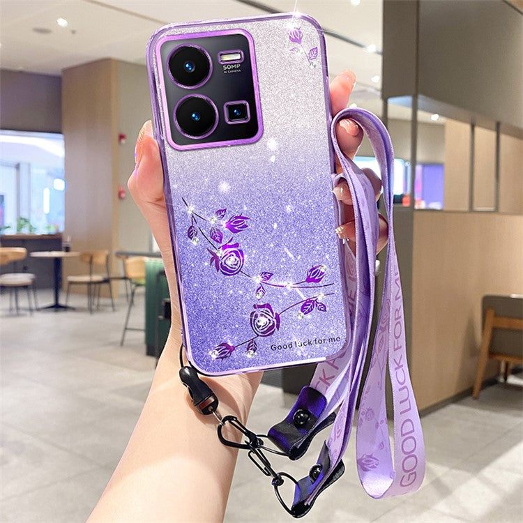 KADEM Gradient Anti-drop Cover for vivo Y35 4G (2022) Rhinestone Flower TPU Phone Case with Strap - Purple