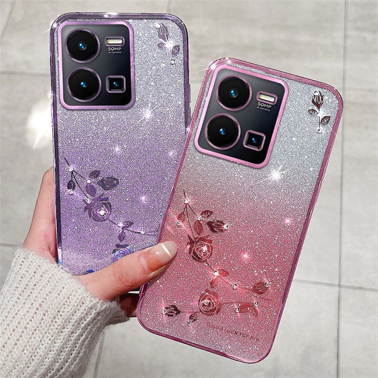 KADEM Gradient Anti-drop Cover for vivo Y35 4G (2022) Rhinestone Flower TPU Phone Case with Strap - Purple