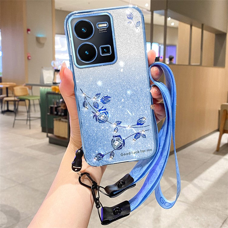 KADEM Gradient Anti-drop Cover for vivo Y35 4G (2022) Rhinestone Flower TPU Phone Case with Strap - Blue