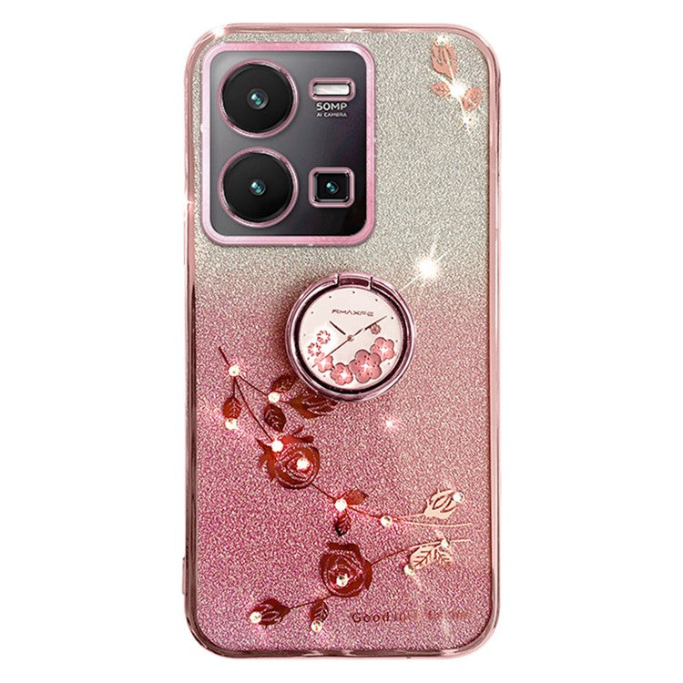 KADEM For vivo Y35 4G (2022) Kickstand TPU Case Gradient Glitter Rhinestone Flower Phone Cover - Rose Gold