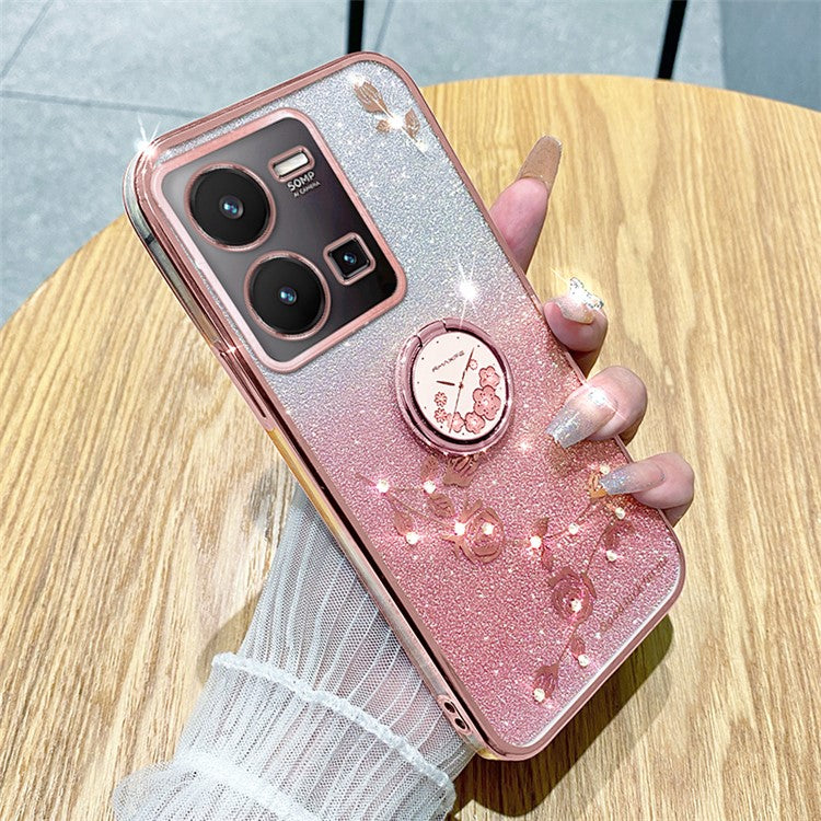 KADEM For vivo Y35 4G (2022) Kickstand TPU Case Gradient Glitter Rhinestone Flower Phone Cover - Rose Gold