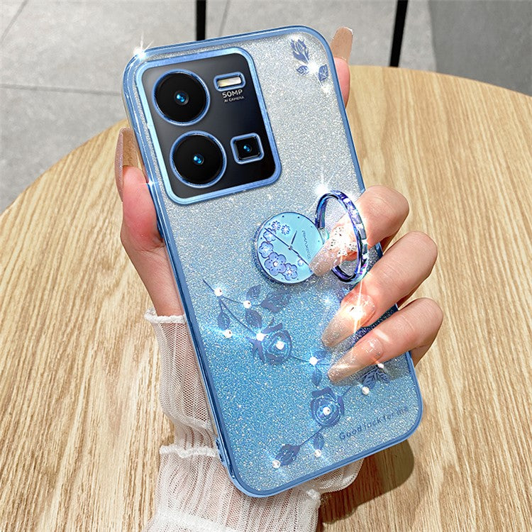 KADEM For vivo Y35 4G (2022) Kickstand TPU Case Gradient Glitter Rhinestone Flower Phone Cover - Blue