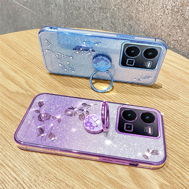 KADEM For vivo Y35 4G (2022) Kickstand TPU Case Gradient Glitter Rhinestone Flower Phone Cover - Blue