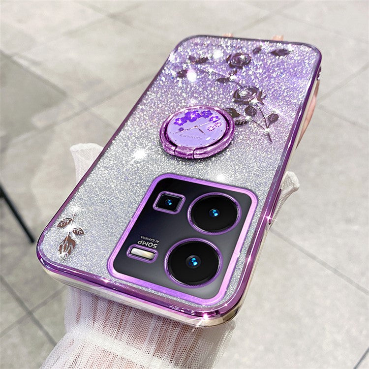 KADEM For vivo Y35 4G (2022) Kickstand TPU Case Gradient Glitter Rhinestone Flower Phone Cover - Purple