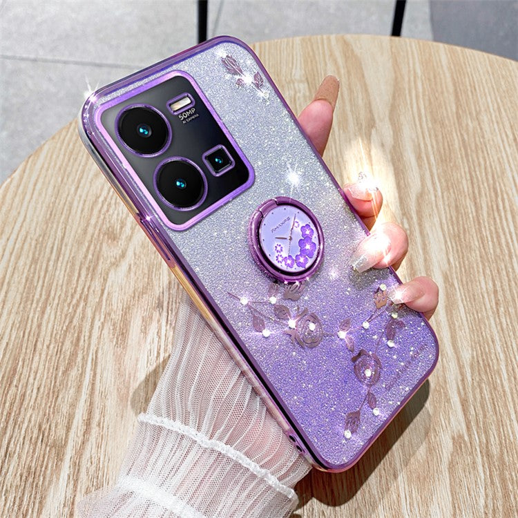 KADEM For vivo Y35 4G (2022) Kickstand TPU Case Gradient Glitter Rhinestone Flower Phone Cover - Purple