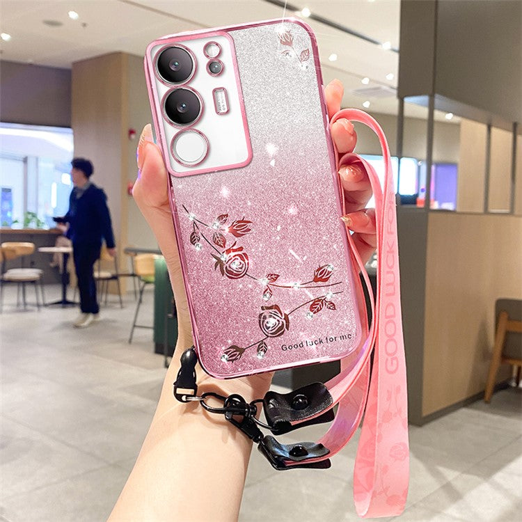 KADEM For vivo S17 Pro 5G TPU Protection Cover Rhinestone Flower Gradient Glitter Phone Case with Strap - Rose Gold