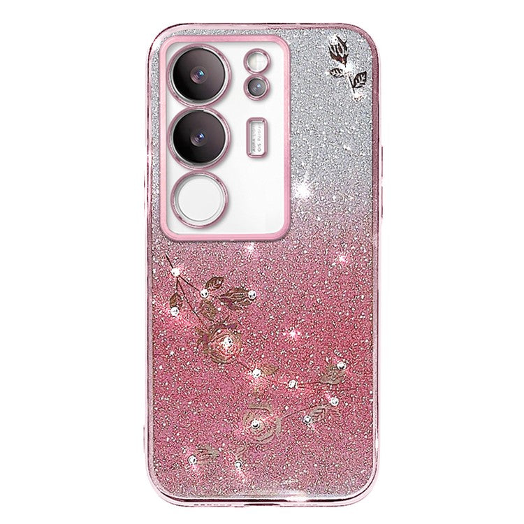 KADEM For vivo S17 Pro 5G TPU Protection Cover Rhinestone Flower Gradient Glitter Phone Case with Strap - Rose Gold