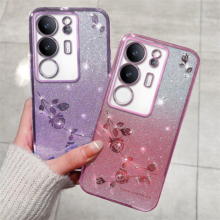 KADEM For vivo S17 Pro 5G TPU Protection Cover Rhinestone Flower Gradient Glitter Phone Case with Strap - Rose Gold