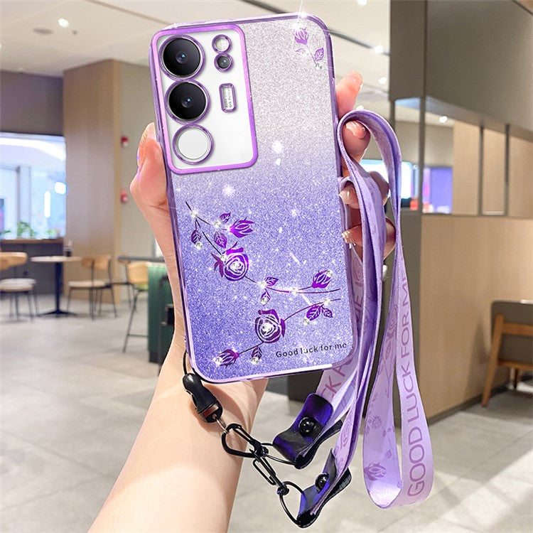 KADEM For vivo S17 Pro 5G TPU Protection Cover Rhinestone Flower Gradient Glitter Phone Case with Strap - Purple