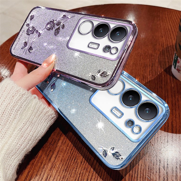 KADEM For vivo S17 Pro 5G TPU Protection Cover Rhinestone Flower Gradient Glitter Phone Case with Strap - Purple