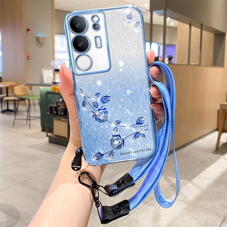 KADEM For vivo S17 Pro 5G TPU Protection Cover Rhinestone Flower Gradient Glitter Phone Case with Strap - Blue