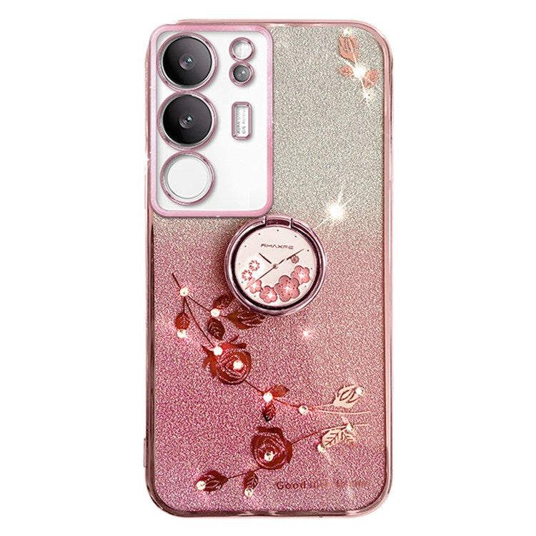 KADEM For vivo S17 Pro 5G Flower Pattern TPU Phone Case Ring Kickstand Gradient Glitter Back Cover - Rose Gold