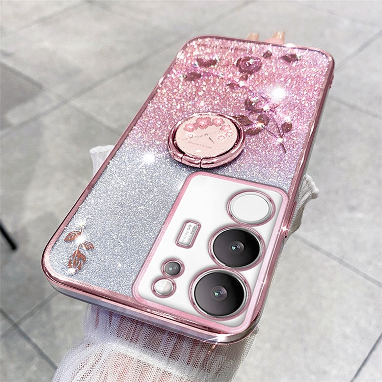 KADEM For vivo S17 Pro 5G Flower Pattern TPU Phone Case Ring Kickstand Gradient Glitter Back Cover - Rose Gold