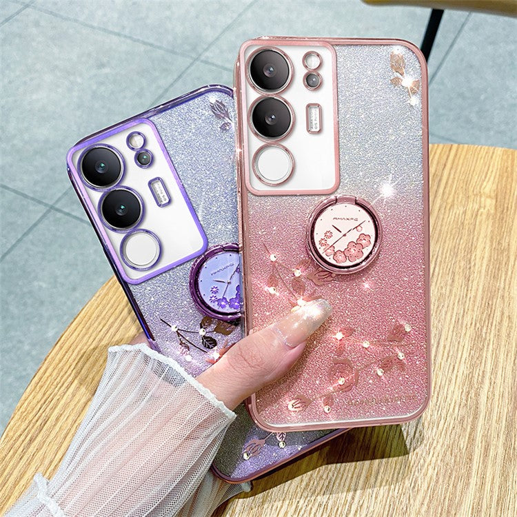 KADEM For vivo S17 Pro 5G Flower Pattern TPU Phone Case Ring Kickstand Gradient Glitter Back Cover - Rose Gold